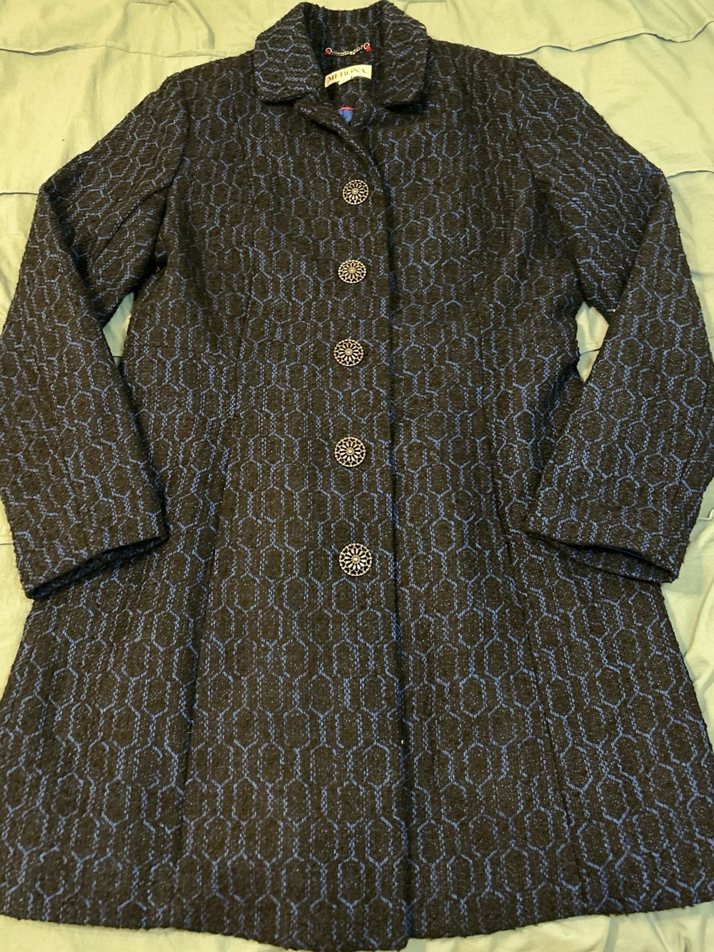 Merona Women’s XL Black Blue Geometric Jacquard Button Front Coat Jacket